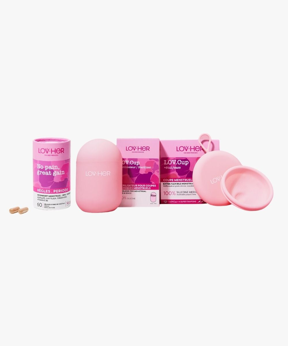 Trio bien-être menstruel LOV.Cup stérilisateur No Pain Great Gain LOV·HER